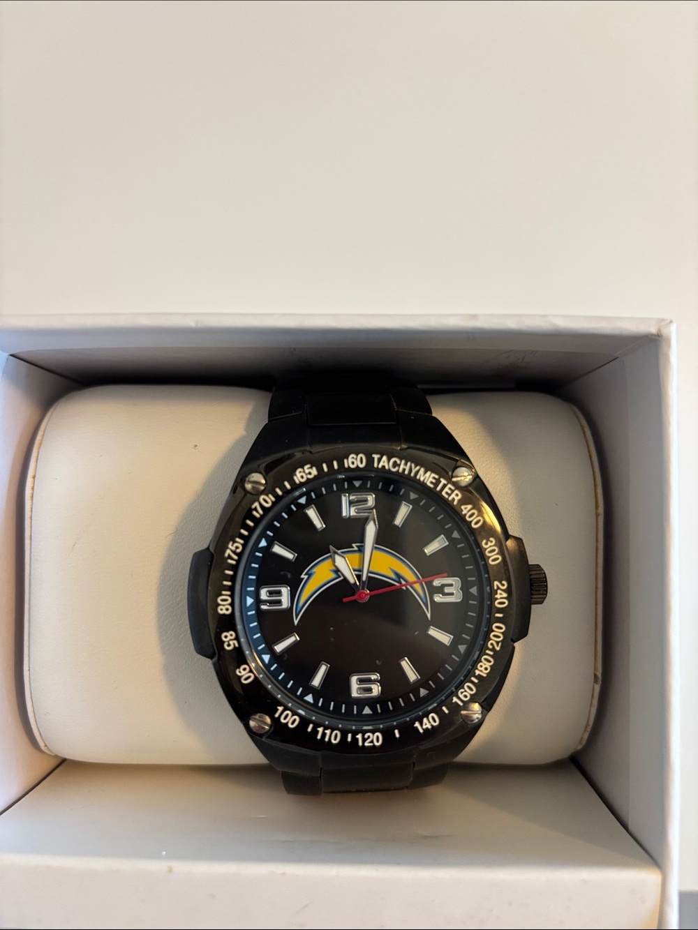 Black Tachymeter Watch with Lightning Bolt Logo